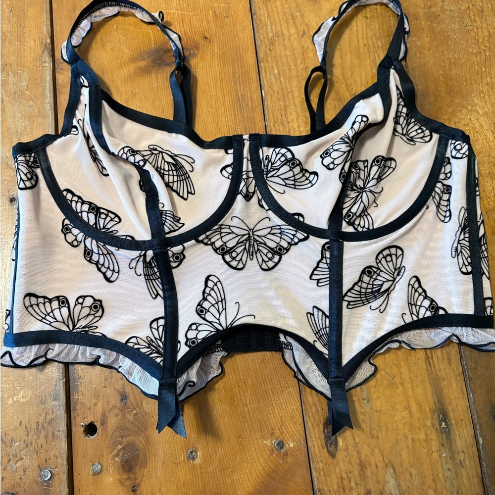torrid White Sheer Butterfly Mesh Bustier with Black Trim